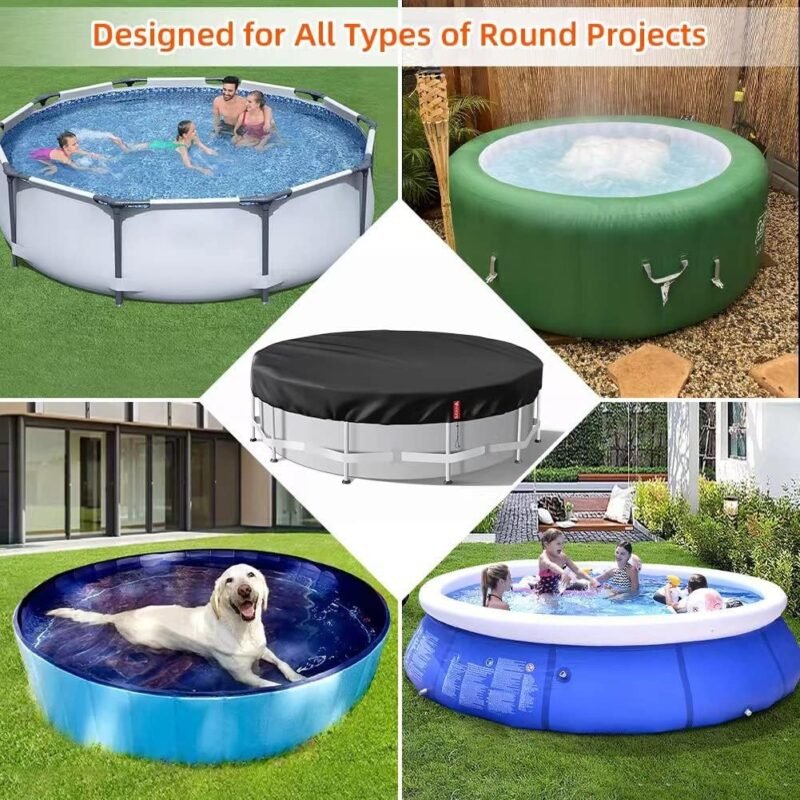 VniYors Cobertor Piscina 550,Tarea Pesada 210D Lona Piscina, Cubre Piscinas Redondas Resistente Al Agua, Al Polvo Y Al Desgarro con CordóN Y Clavos De Tierra（550cm）- Negro - Imagen 6