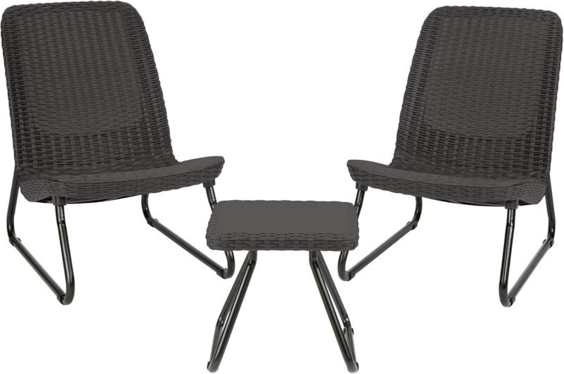 Keter Rio 3 Piece Resin Wicker Patio Furniture Set with Side Table and Outdoor Chairs for Front Porch and Backyard Decor, Dark Grey