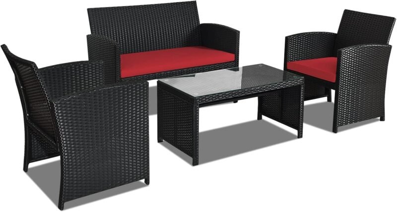 Goplus Rattan Patio Furniture Set 4 Pieces, Outdoor Wicker Conversation Sofa and Table Set with Soft Cushions & Tempered Glass Coffee Table for Balcony Garden Backyard (Red)