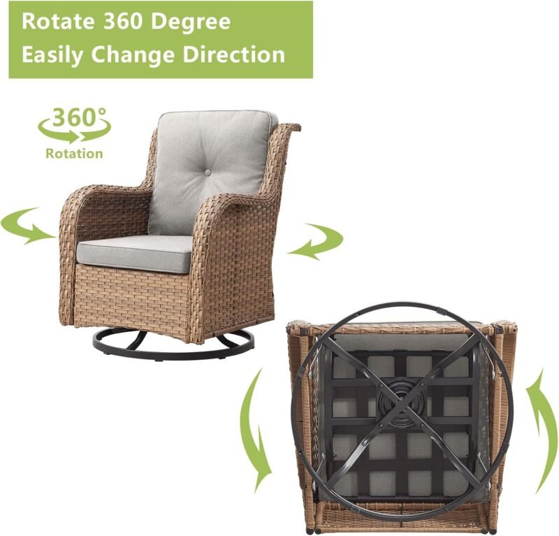 Patio Furniture Swivel Chairs Set - 5 Piece Rattan Wicker Outdoor Sectional Conversation Sets with 2 Swivel Rocking Chairs,2 Ottomans and 1 Side Table for Porch Deck Garden(Yellow/Beige) - Imagen 3
