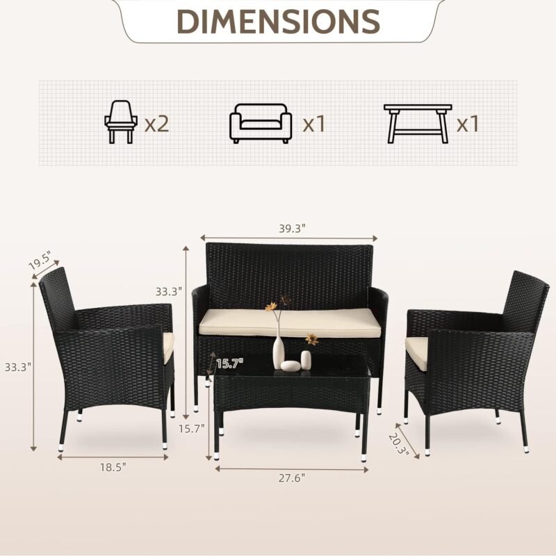 FDW Patio Furniture Set 4 Pieces Outdoor Rattan Chair Wicker Sofa Garden Conversation Bistro Sets for Yard,Pool or Backyard - Imagen 2