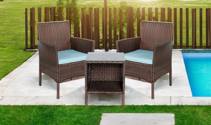 BTEXPERT Outdoor Wicker Patio Conversation 3 Piece Bistro Set Garden Yard Porch Furniture Space Saving Rattan Two Chairs Cushions Side Storage Tempered Glass Table Brown 3pc Set - Imagen 3
