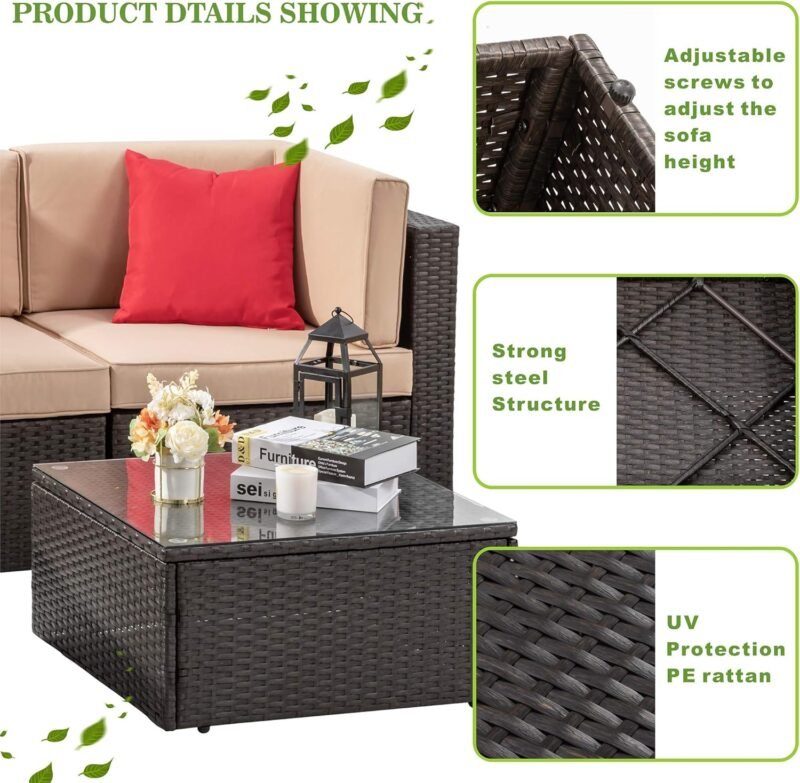Vongrasig 5 Piece Patio Furniture Sets, All-Weather Brown PE Wicker Outdoor Couch Sectional Set, Small Conversation Set for Garden/Patio w/Ottoman, Glass Table, Red Pillow, Beige - Imagen 6