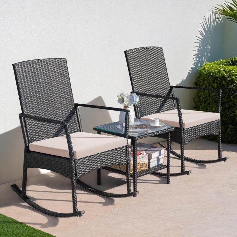 Greesum 3 Pieces Patio Furniture Set Outdoor Wicker Rocking Chairs with Glass Coffee Table for Garden Backyard Porch Poolside, Beige - Imagen 3