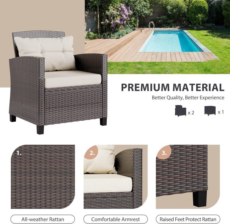 Vongrasig 3 Piece Patio Furniture Set Small Outdoor Wicker Rattan Front Porch Bistro Set Cushioned Patio Chairs Conversation Set with Glass Table for Lawn, Garden, Backyard, Balcony, Poolside (Beige) - Imagen 3