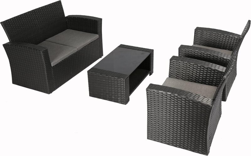 4 Pieces Outdoor Furniture Complete Patio Cushion Wicker P.E Rattan Garden Set, Full, Black - Imagen 17