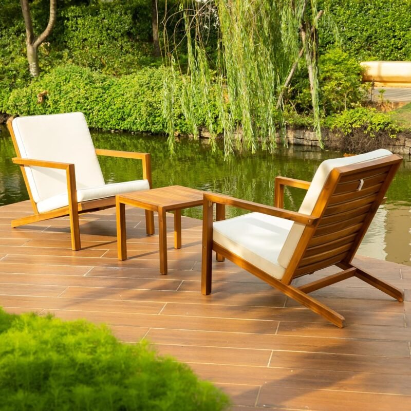 IDZO Eleve 3-Piece Patio Bistro Set: 400lbs Lounge Chairs, Water-Proof Cushions, Wooden Side Table, Ergonomic Design for Garden Or Porch - Imagen 2