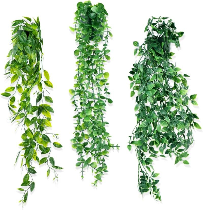 NVIYAM 3 PCS Plantas Artificiales Colgantes con Macetas, Plantas Colgantes Hiedra Verde Artificial, Plantas Artificiales Colgantes Enredadera, para Cocina, Sala de Estar, Balcón, Jardín