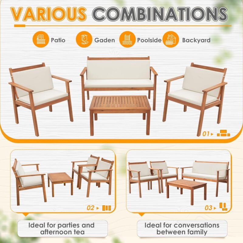 Greesum 4 Piece Bistro Patio Furniture Outdoor Chat Chair Set with Water Resistant Cushions and Coffee Table for Beach Backyard Garden, Acacia Wood - Imagen 6