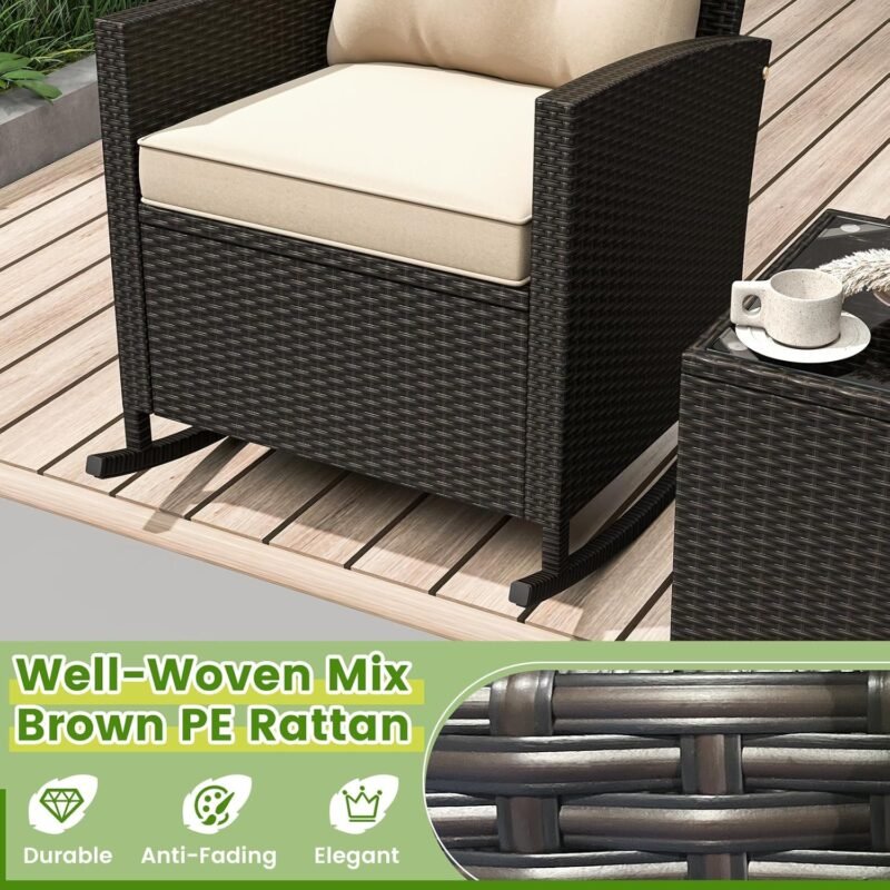 Tangkula 3 Piece Wicker Rocking Set, Patio Rattan Roker Chairs with Tempered Glass Table & Soft Cushions, Outdoor Furniture Set for Backyard, Poolside Porch (Beige) - Imagen 9
