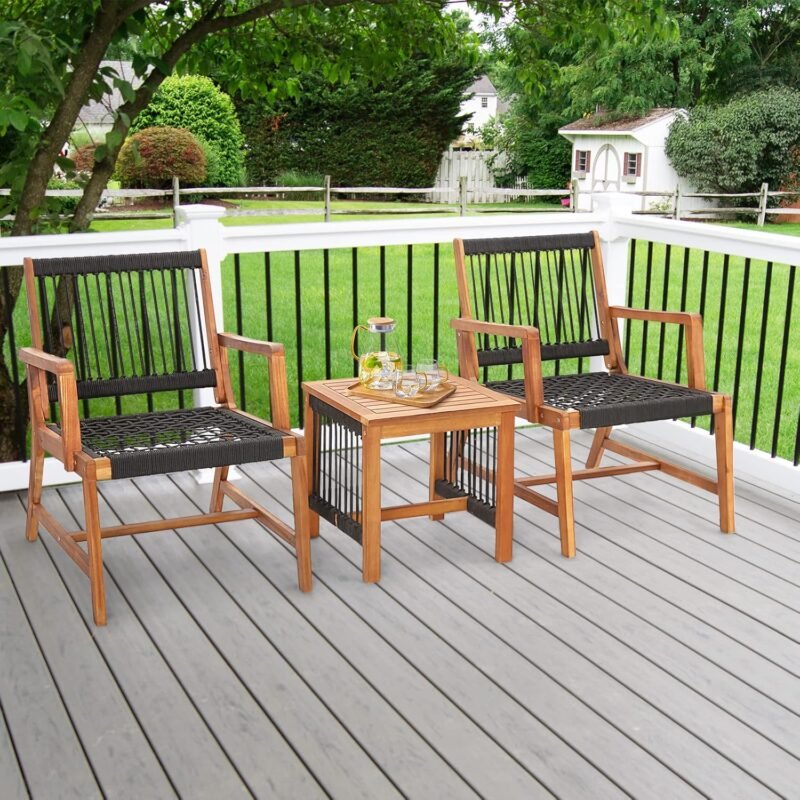 Tangkula 3 Pieces Acacia Wood Outdoor Furniture Set, All-Weather Rope Woven Bistro Set with Armchairs and Coffee Table, Patio Conversation Set for Front Porch, Deck, Balcony - Imagen 3