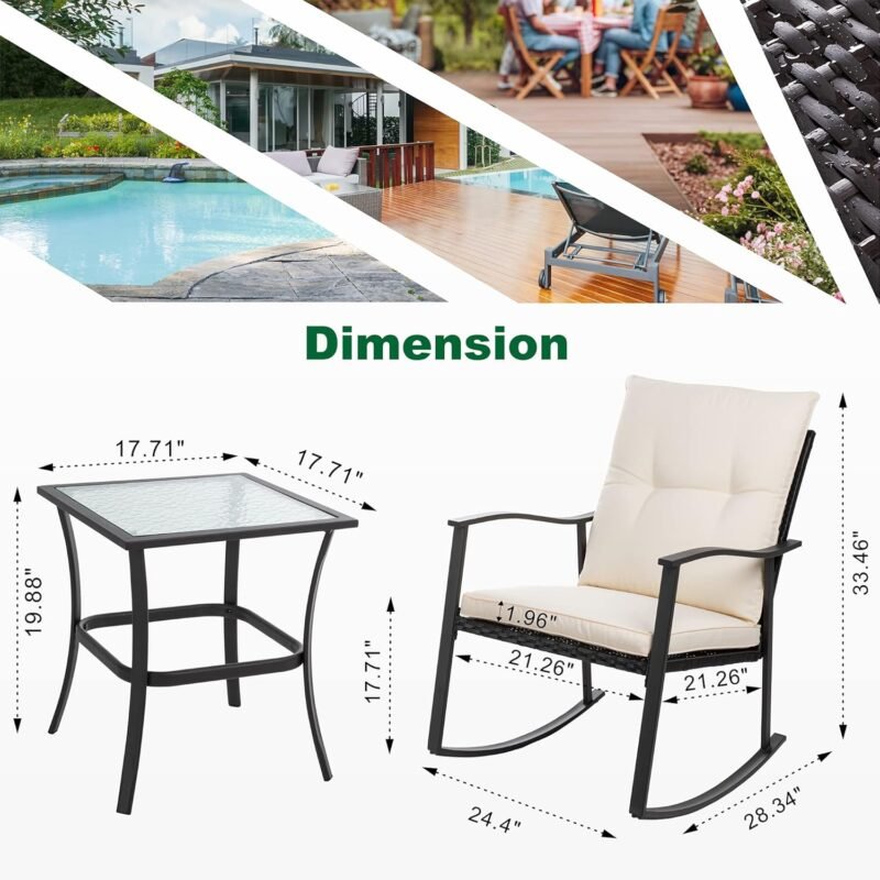 Shintenchi Outdoor 3-Piece Rocking Bistro Set,Wicker Patio Furniture Porch Chairs Conversation Sets with Glass Coffee (Beige Cushion) - Imagen 4