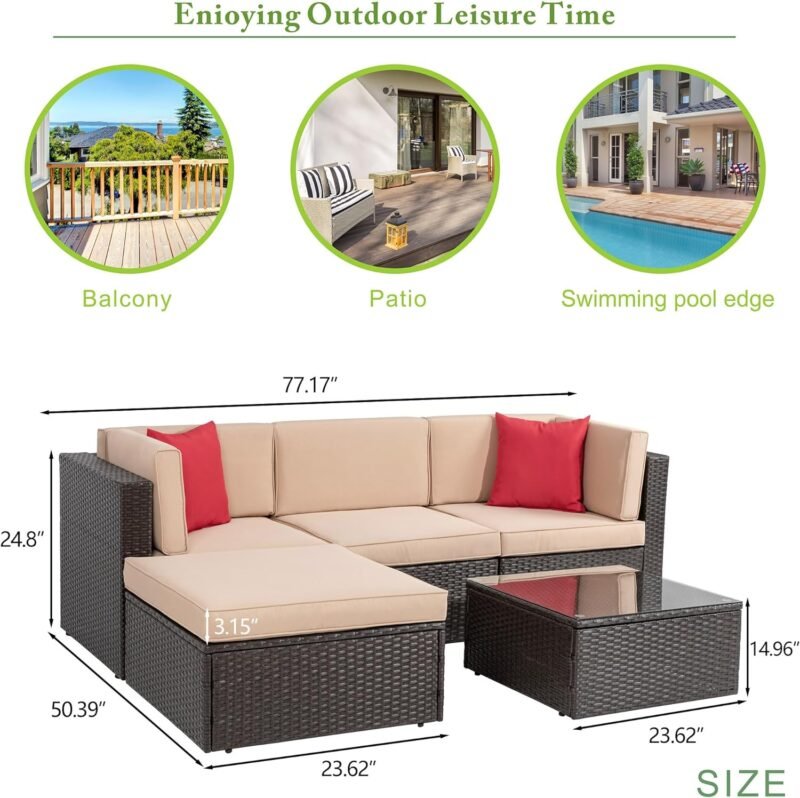 Vongrasig 5 Piece Patio Furniture Sets, All-Weather Brown PE Wicker Outdoor Couch Sectional Set, Small Conversation Set for Garden/Patio w/Ottoman, Glass Table, Red Pillow, Beige - Imagen 4