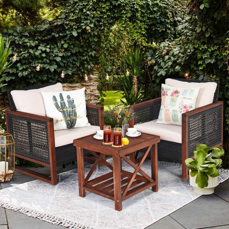 Tangkula 3 Pieces Patio Wicker Furniture Set, Rattan Outdoor Sofa Set w/Washable Cushion & Acacia Wood Coffee Table, Conversation Bistro Set for Garden Balcony Backyard (Beige) - Imagen 2