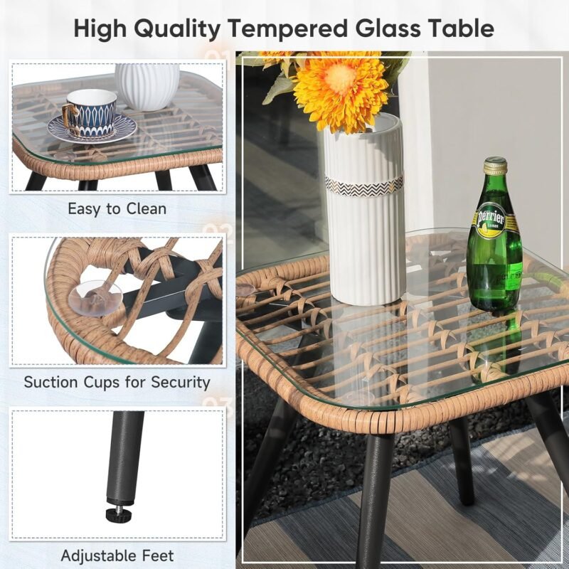 Verano Garden 3 Piece Patio Bistro Set, Outdoor Wicker Conversation Chair Sets Balcony Furniture,Coffee Table with Glass Top, Cushions & Lumbar Pillows for Porch, Backyard, Deck, Poolside - Imagen 5