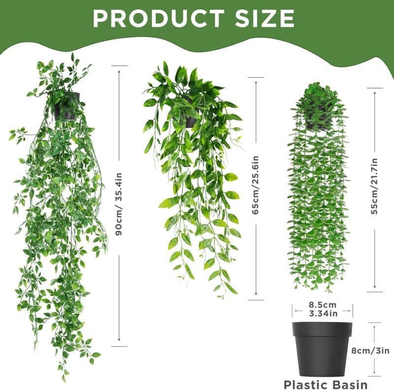 ENCOUN 3PCS Plantas Artificiales Colgantes con Macetas, 55-90cm, Plantas Artificiales Decorativas para Cocina, Sala de Estar, Balcón, Jardín - Imagen 2