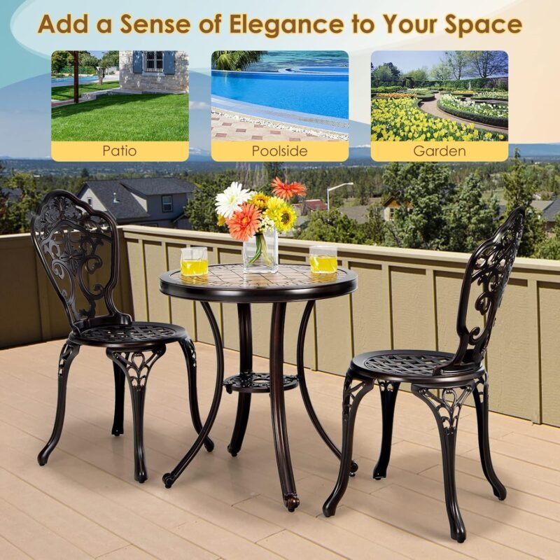 Giantex 3 Piece Patio Bistro Set, Cast Aluminum Patio Table and Chairs with Adjustable Feet, Outdoor Dining Chairs and Table Set for Lawn Porch Garden Balcony Backyard Poolside (Red Copper) - Imagen 8