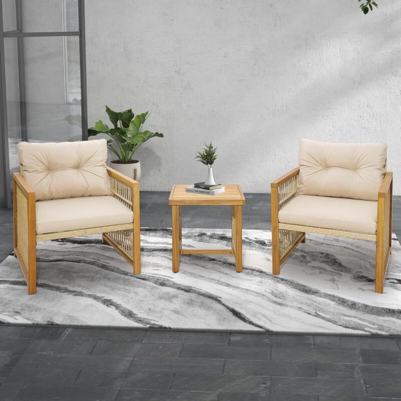 Tangkula 3 Pieces Acacia Wood Patio Furniture Set, PE Wicker Bistro Set with Cushioned Chairs and Coffee Table, Outdoor Conversation Set for Porch, Deck, Balcony, Backyard (Beige) - Imagen 3
