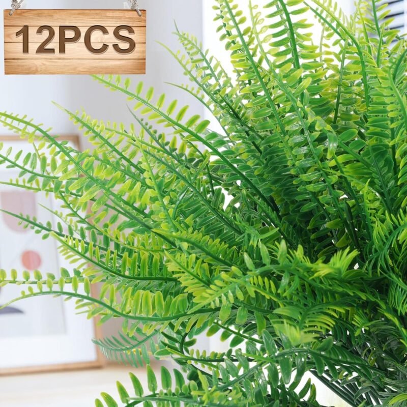 Dremisland 12 Piezas Planta Artificial 40cm Helecho Boston de Falso Arbusto Verdes Plantas de Plástico Resistente UV Rama para Jardinera Patio Boda Jarrones Hogar Jardín Granja - Imagen 3