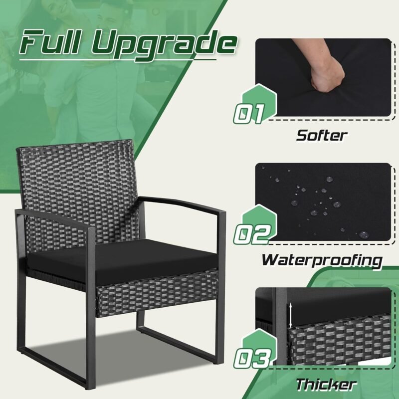 Homall Balcony 3 Piece Furniture Table Garden Backyard Outdoor Patio Use Porch Chairs Cushioned PE Wicker Bistro Set Rattan (Black) - Imagen 3