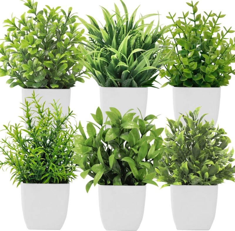 Roqueen 6 Piezas Pequeño Plantas Artificiales con Macetas, Plásticos Mini Plantas Falsas para Mesa Estante Baño Oficina Casa Decoración