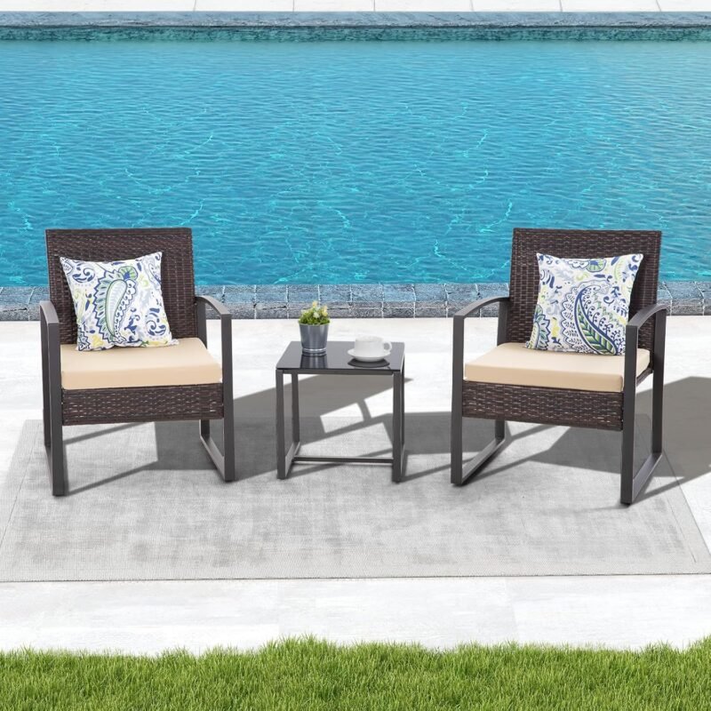 HYDRAGARDEN 3PCS Patio Furniture Set, Outdoor Wicker Bistro Conversation Set with Padded Cushions & Glass Table, Garden Rattan Chair Set for Porch Balcony Backyard (Plus Brown Wicker & Brown Cushions) - Imagen 5