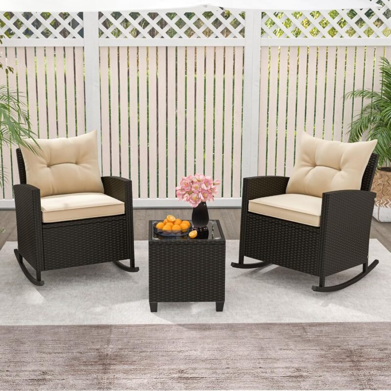 Tangkula 3 Piece Wicker Rocking Set, Patio Rattan Roker Chairs with Tempered Glass Table & Soft Cushions, Outdoor Furniture Set for Backyard, Poolside Porch (Beige) - Imagen 4