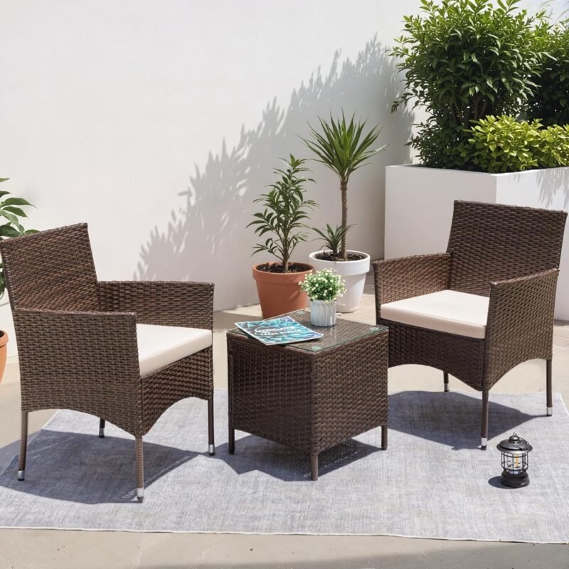 Greesum 3 Pieces Patio Dining PE Rattan Wicker Chair Furniture Set with Cushion and Glass Coffee Table for Outdoor Garden Backyard Poolside, Brown and Beige - Imagen 2