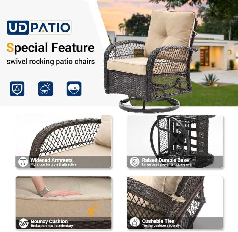 UDPATIO 3 Pieces Patio Furniture Set, Outdoor Swivel Gliders Rocker, Wicker Patio Bistro Set with Rattan Rocking Chair, Glass Top Side Table and Thickened Cushions for Porch Deck Backyard (Khaki) - Imagen 6