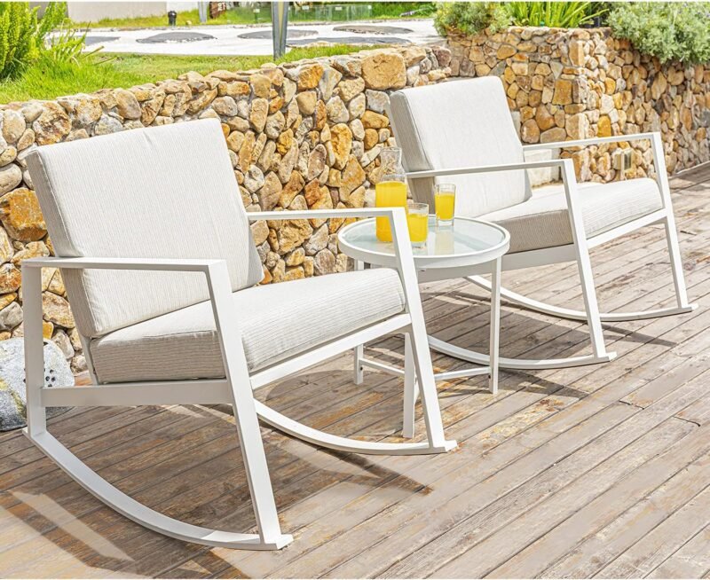 COSIEST 3 Piece Patio Furniture Set, Black Steel Rocking Bistro Set Outdoor Rocking Chairs w Beige Thickened Cushions, Wood-Top Coffee Table for Garden, Pool, Backyard - Imagen 2