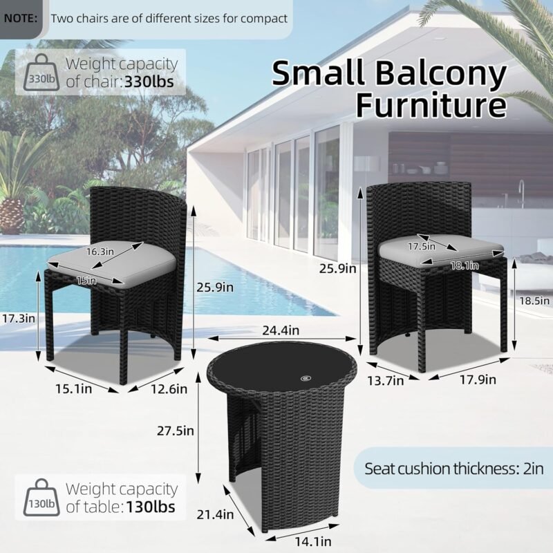 TWT 3 Pieces Aluminum Outdoor Patio Bistro Set All-Weather Wicker Patio Furniture with Tempered Glass Table & Patio Chairs for Poolside Porch Deck Apartment Black - Imagen 4