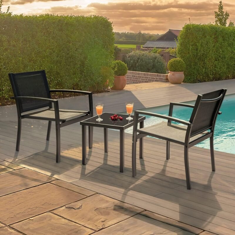 Greesum 3 Pieces Patio Furniture Outdoor Bistro Set Textilene Fabric Chairs for Lawn, Garden, Balcony, Poolside with A Glass Coffee Table, Black - Imagen 4