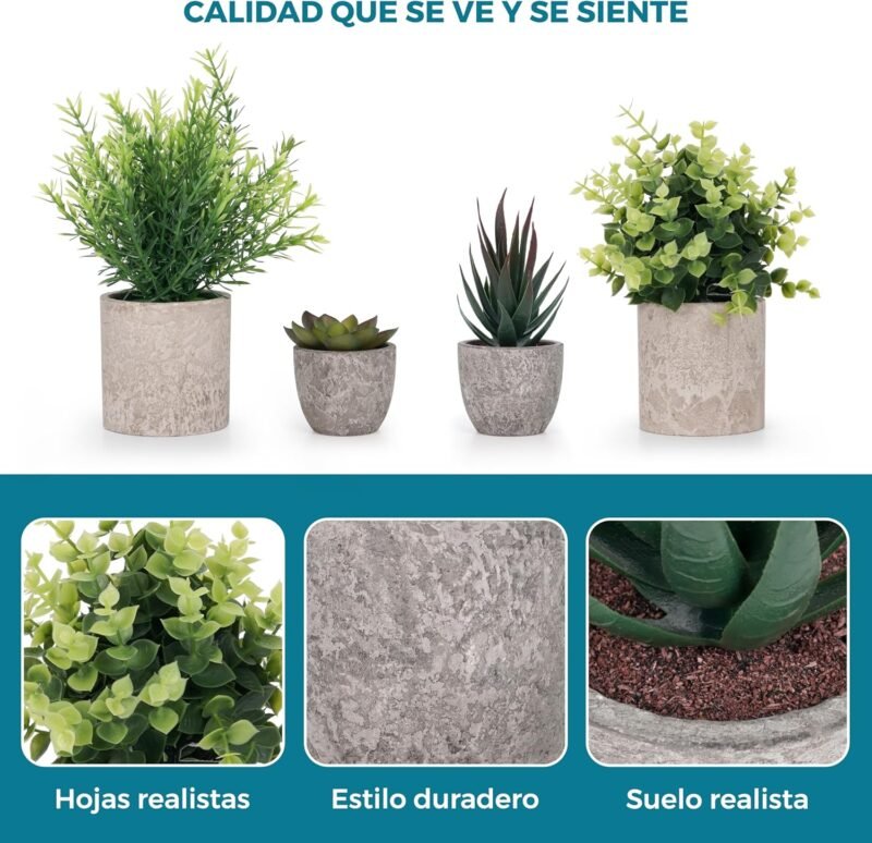 Winter Shore Planta Artificial Verde Pequeña (Pack de 4) - Plantas Artificiales Decorativas con Estilo Campesino - Maceta Interior para Baño y Escritorio de Oficina - Eucalipto y Plantas Suculentas - Imagen 4
