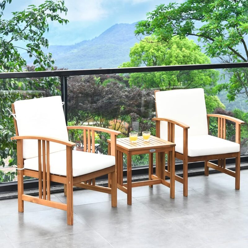 Tangkula 3 Pieces Patio Furniture Set, Includes Set of 2 Outdoor Acacia Wood Cushioned Chairs and Coffee Table, for Garden, Backyard, Poolside, Bistro and Deck, Patio Conversation Chat Set (White) - Imagen 3