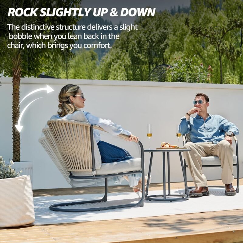 NATURAL EXPRESSIONS Outdoor Bistro Set, 3 Piece Patio Furniture Rocking Chairs Set of 2, No Assembly Required Balcony Porch Chair Metal Table 9" Thick Cushion for Backyard,Garden,Poolside,Deck, 350lbs - Imagen 3