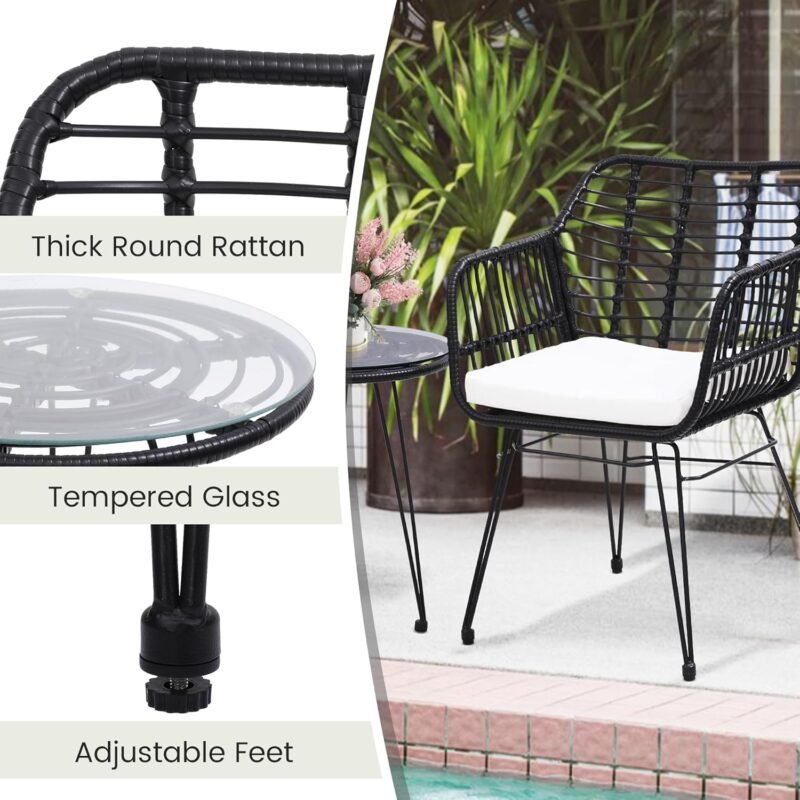 3 Pieces Wicker Patio Bistro Furniture Set, Includes 2 Chairs and Glass Top Table, Ideal for Porch, Outdoor, Backyard, Apartment, Balcony Black Color - Imagen 5