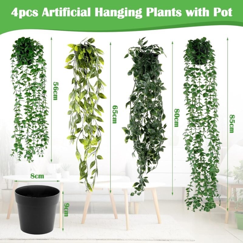 VFANDV 4 Piezas Plantas Artificiales Colgantes, Plantas Colgantes Hiedra Verde Artificial con Macetas 56/65/80/85cm Interior Exterior Plantas Artificiales Decorativas para Sala de Estar Balcón Jardín - Imagen 2