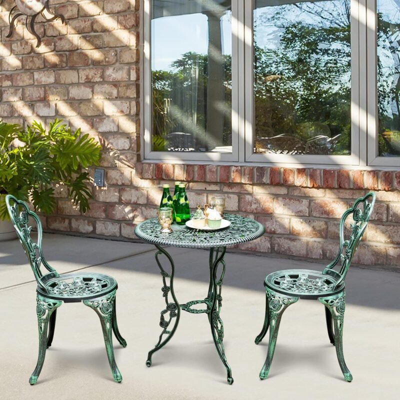 Giantex 3 Piece Bistro Set Cast Aluminum Rose Design Antique Outdoor Patio Furniture Weather Resistant Garden Round Table and Chairs w/Umbrella Hole (Rose Design) - Imagen 4