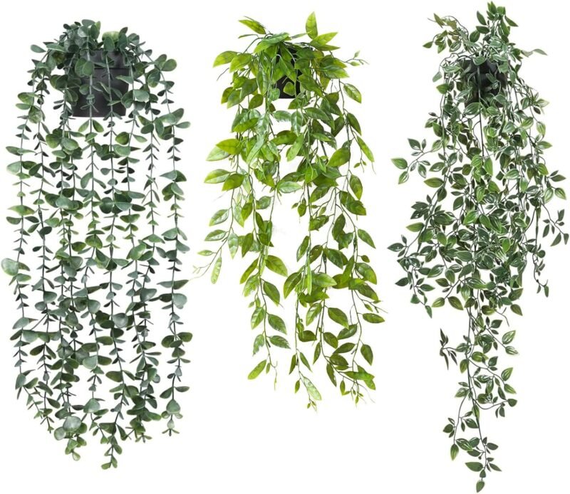 3 Piezas Plantas Artificiales, Plantas Artificiales Decorativas con Maceta, 63-87CM Largo Hiedra Verde, Colgantes Planta Artificial para Exterior Interior Jardín Pared Decorativas