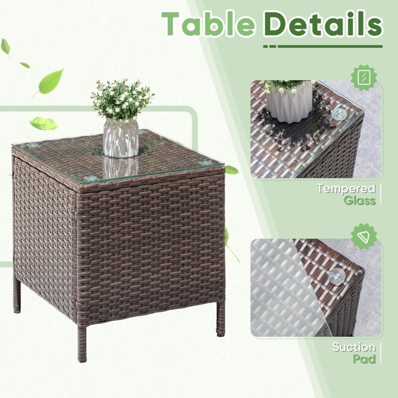 Greesum 3 Pieces Patio Dining PE Rattan Wicker Chair Furniture Set with Cushion and Glass Coffee Table for Outdoor Garden Backyard Poolside, Brown and Beige - Imagen 7