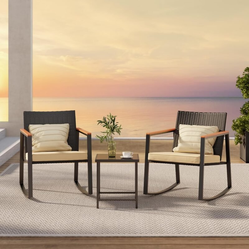 Gizoon 3 Pieces Rocking Patio Bistro Set with Anti-Scald Armrest, Outdoor Patio Wicker Furniture Set with Glass Table and Cushion for Garden, Yard, Porch - Imagen 3