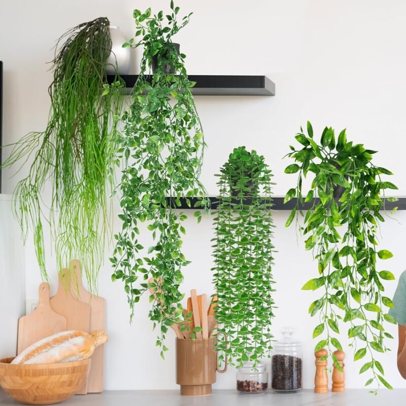 ENCOUN 3PCS Plantas Artificiales Colgantes con Macetas, 55-90cm, Plantas Artificiales Decorativas para Cocina, Sala de Estar, Balcón, Jardín - Imagen 6