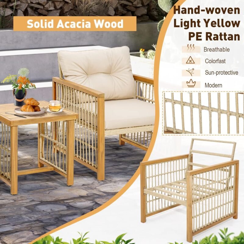 Tangkula 3 Pieces Acacia Wood Patio Furniture Set, PE Wicker Bistro Set with Cushioned Chairs and Coffee Table, Outdoor Conversation Set for Porch, Deck, Balcony, Backyard (Beige) - Imagen 6