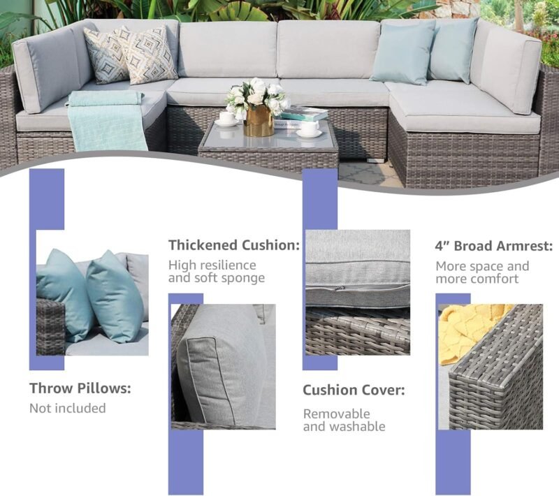 Patiorama 7 Pieces Outdoor Patio Furniture Set, All Weather Grey PE Wicker Rattan Sectional Conversation Set, Porch Garden W/Built-in Glass Table, Seat Clips, Light Grey Cushions - Imagen 3
