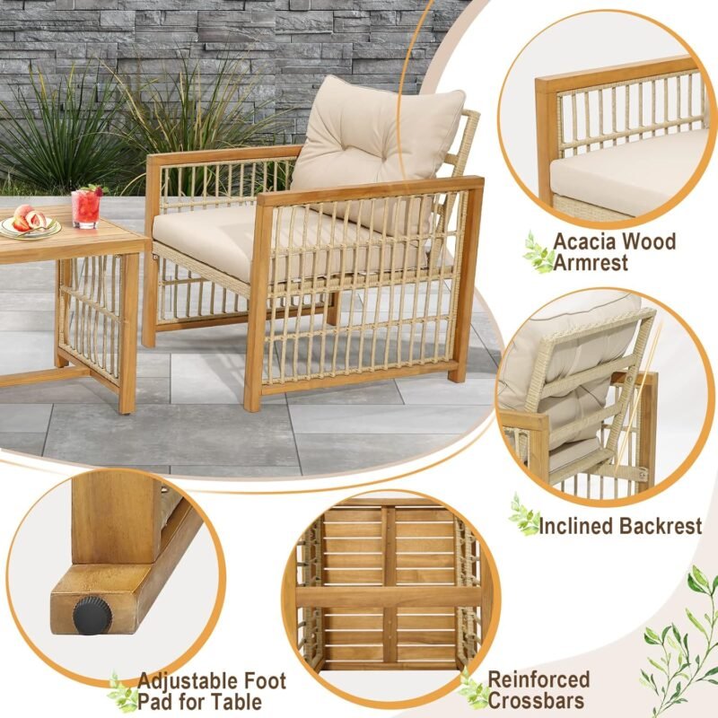 Tangkula 3 Pieces Acacia Wood Patio Furniture Set, PE Wicker Bistro Set with Cushioned Chairs and Coffee Table, Outdoor Conversation Set for Porch, Deck, Balcony, Backyard (Beige) - Imagen 8