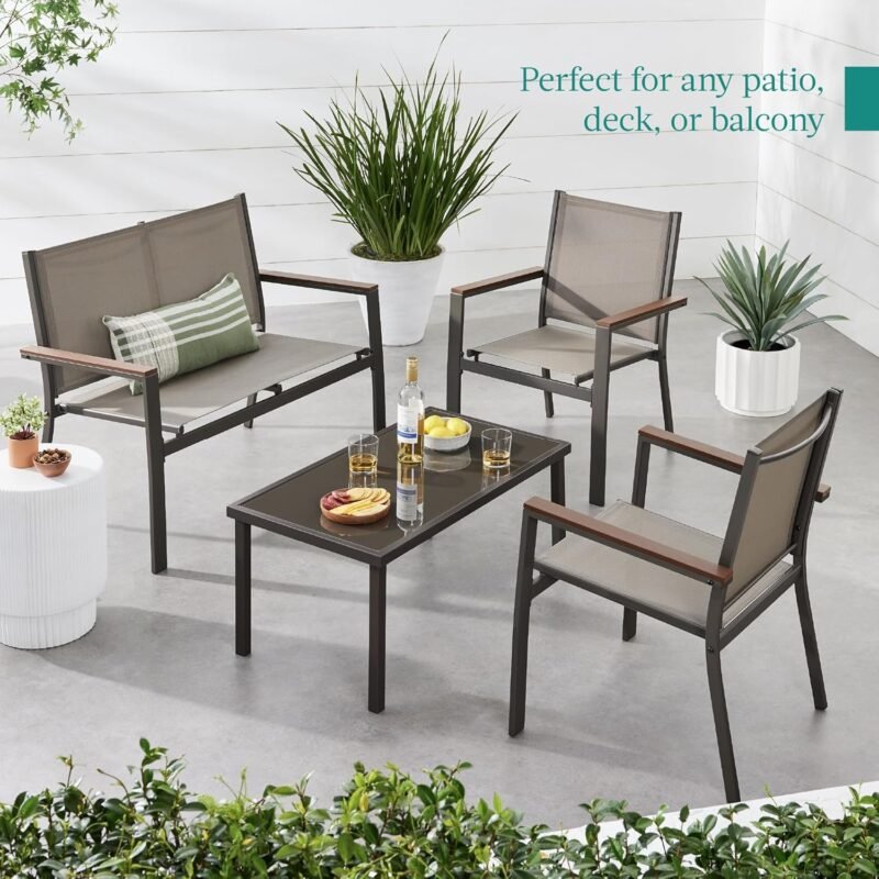 Best Choice Products 4-Piece Outdoor Textilene Patio Conversation Set, Backyard Furniture w/Loveseat, Coffee Table, Steel Frame - Brown/Brown - Imagen 3