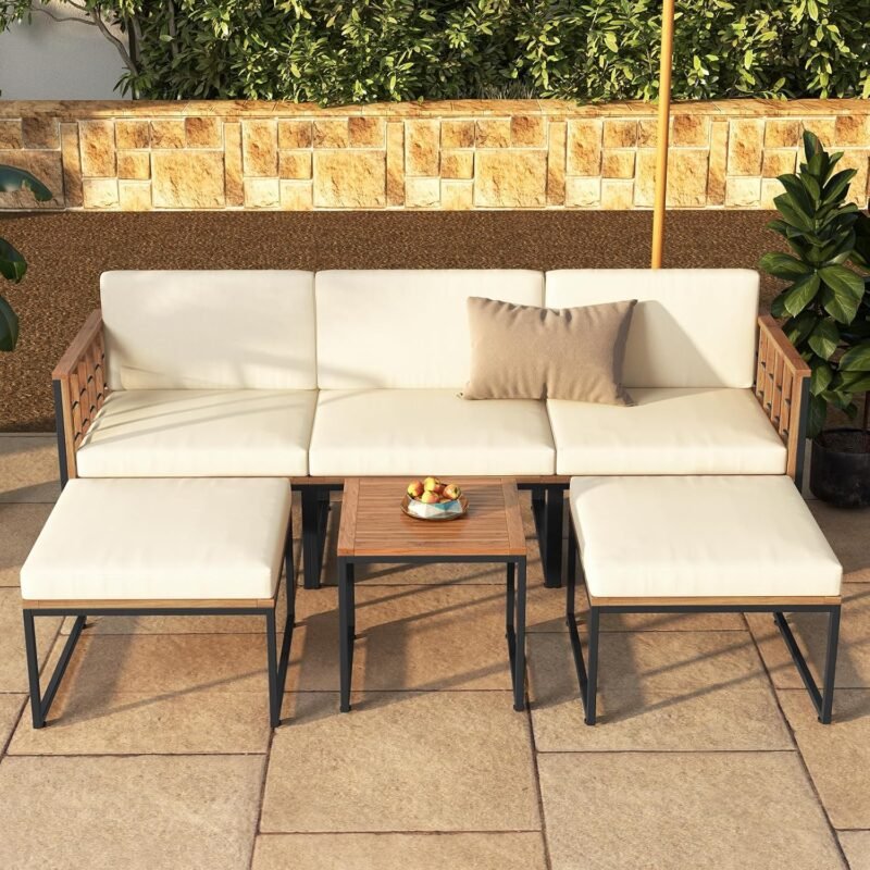 Tangkula 6 Pieces Acacia Wood Patio Furniture Set, Patiojoy Outdoor Sectional Conversation Sofa Set with Cushions, Coffee Table and Ottomans, Patio Seating Sofas for Garden, Poolside, Backyard (Beige) - Imagen 2
