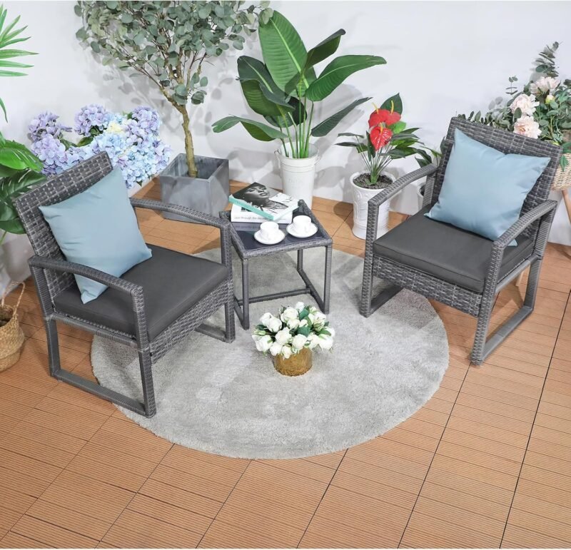 Patiorama 3 Piece Outdoor Patio Furniture Conversation Set, Rattan Chair Set With Coffee Table, For Garden, Balcony, Backyard, Poolside (Dark Grey) - Imagen 2