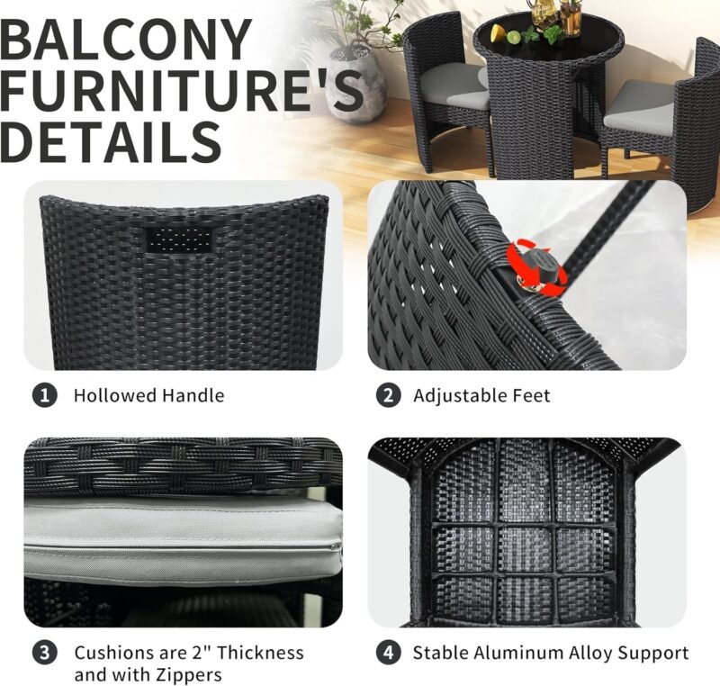 TWT 3 Pieces Aluminum Outdoor Patio Bistro Set All-Weather Wicker Patio Furniture with Tempered Glass Table & Patio Chairs for Poolside Porch Deck Apartment Black - Imagen 6