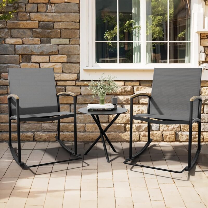 JAMFLY 3 Pieces Patio Set Outdoor Patio Furniture Sets, Modern Rocking Bistro Set Textilene Chair Conversation Sets with Detachable Pedal and Coffee Table (Light Gray) - Imagen 6